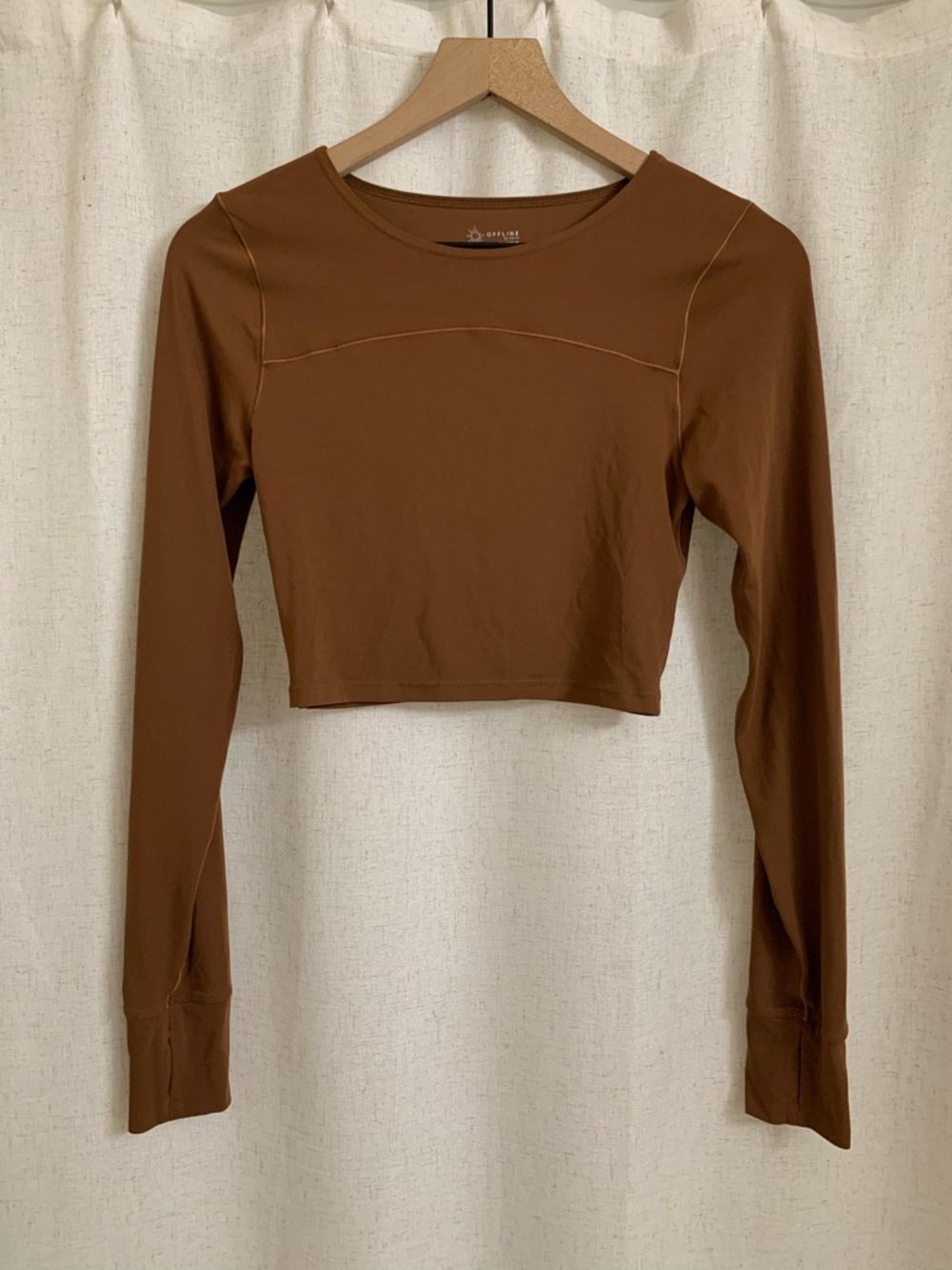 Offline by Aerie Real Me Chocolate Brown Cropped Long-Sleeve Cut Out Thumbholes